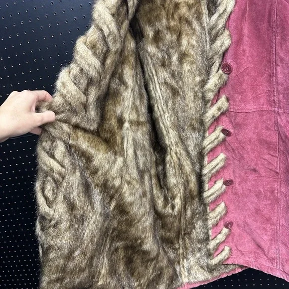 Vintage Dennis Basso Women's Burgundy Suede Leather Faux Fur Lined Coat Medium - Picture 9 of 11